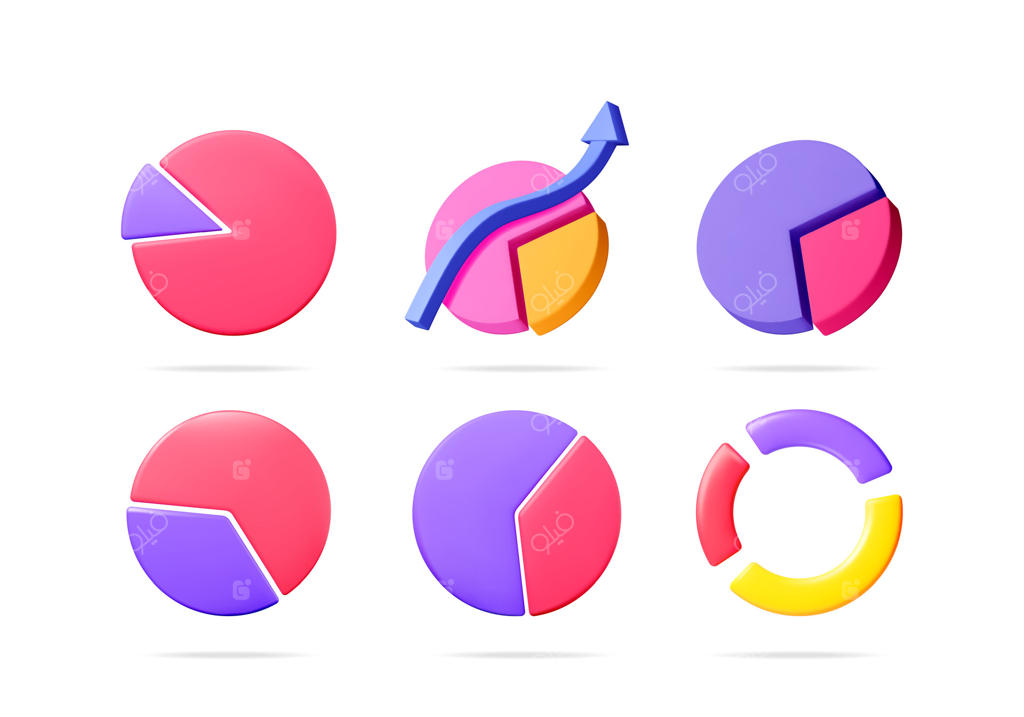 مجموعه تصاویر سه‌بعدی نمودارهای دایره‌ای رنگارنگ با یک نمودار نشان‌دهنده فلش صعودی برای تجسم داده‌های تجاری.