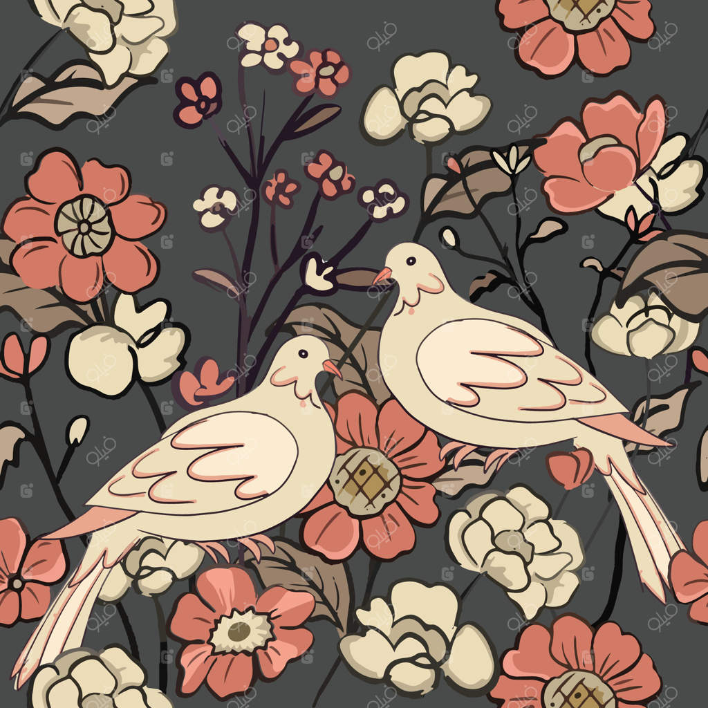 پترن یکپارچه جفت پرنده در باغ گل‌ها