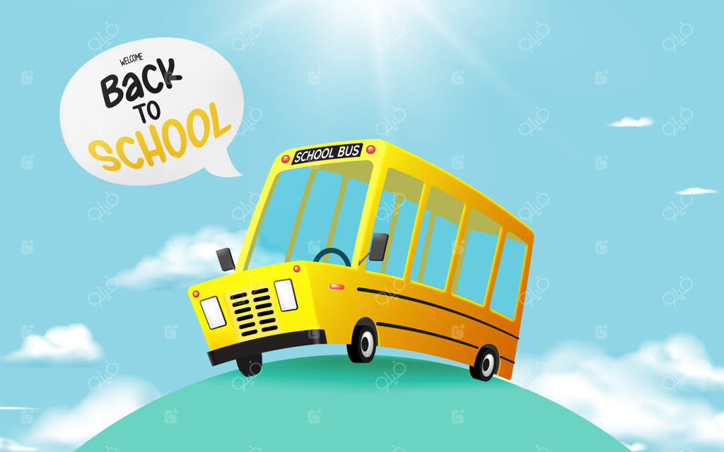 تصویر وکتور اتوبوس مدرسه با طراحی سه‌بعدی در جاده و پس‌زمینه آسمان زیبا