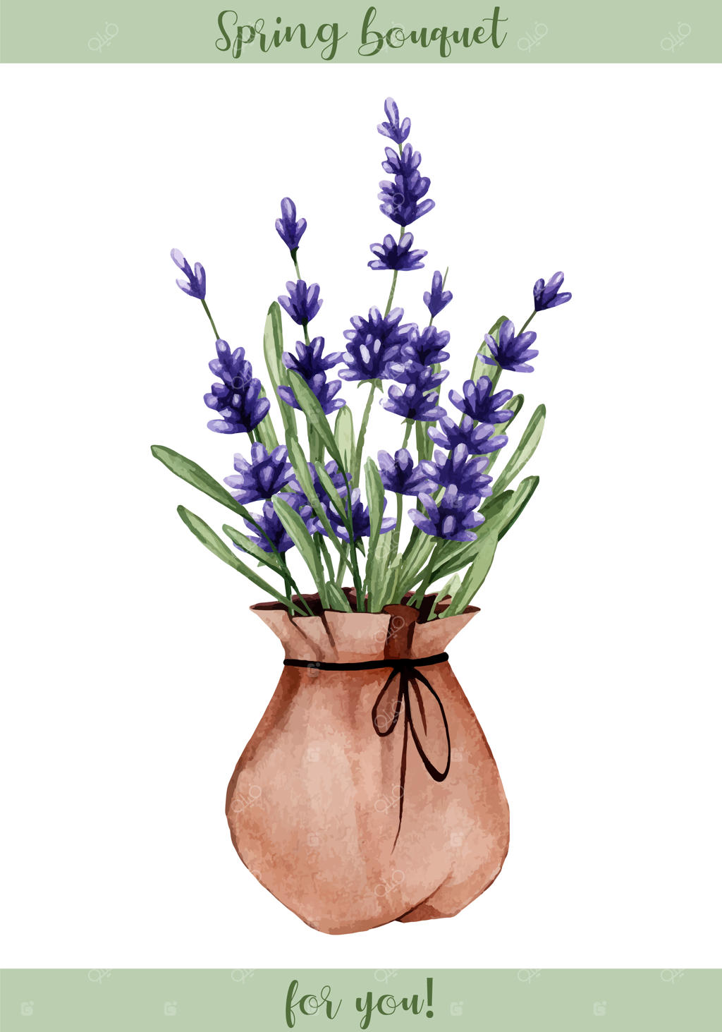 تصویر آبرنگی گل اسطوخودوس در کیسه محصول طبیعی گل های معطر برای استیکر