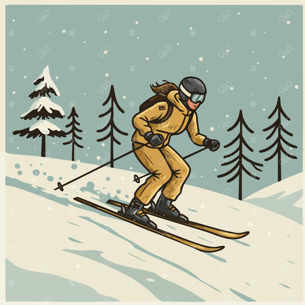 تصویرسازی اسکی‌باز با لباس قهوه‌ای در حال اسکی در سراشیبی کوهستان برفی با درختان کاج