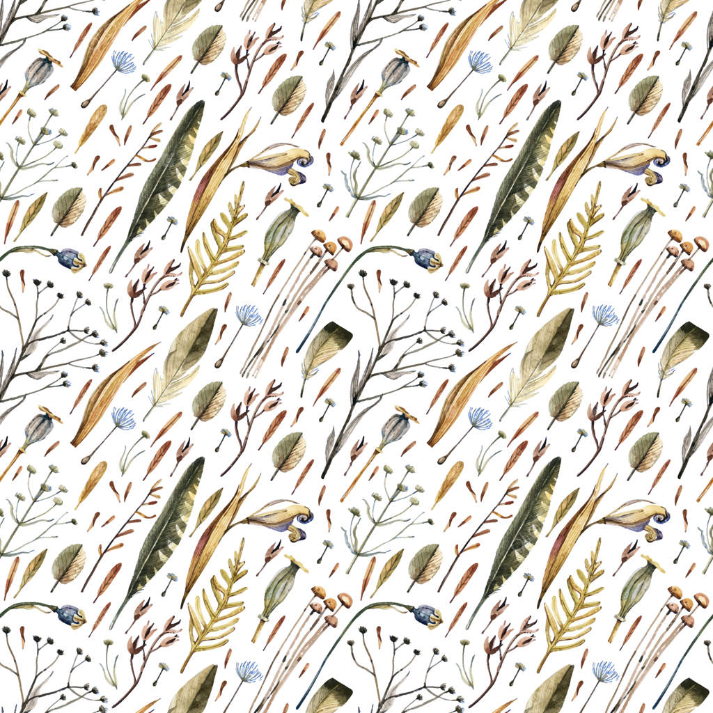 پترن بی‌وقفه آبرنگی از سبزیجات خشک، شاخه‌ها و پرها به سبک وینتیج. پس‌زمینه طبیعی