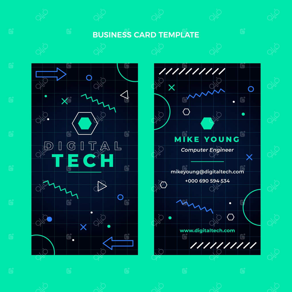 کارت ویزیت عمودی با طراحی تخت و مینیمال برای فناوری