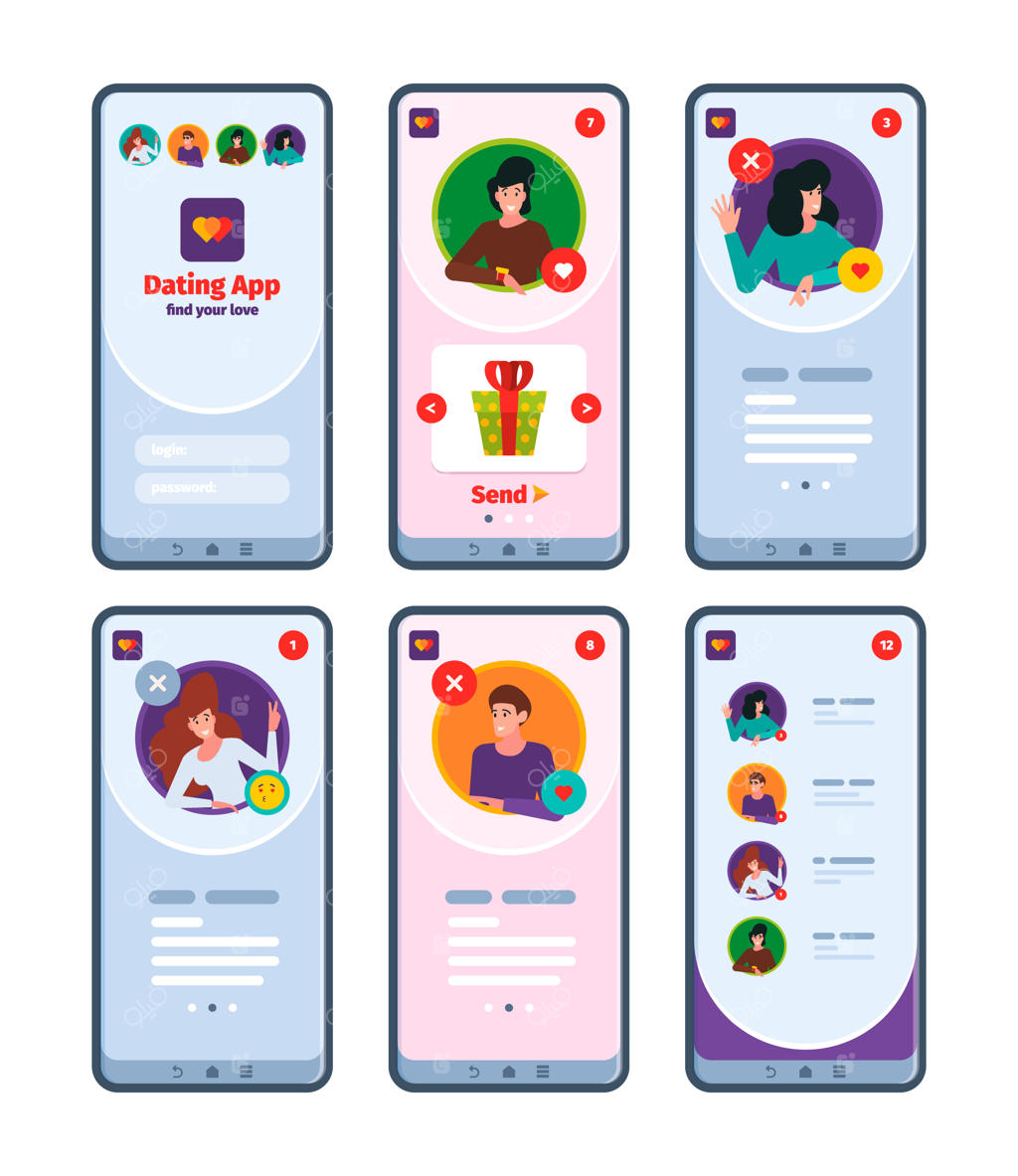 کاراکترهای مرد و زن در برنامه‌های دوستیابی: چت اینترنتی با گوشی هوشمند برای عاشقان - قالب‌های وب برای بزرگسالان همراه با تصاویر برداری جذاب