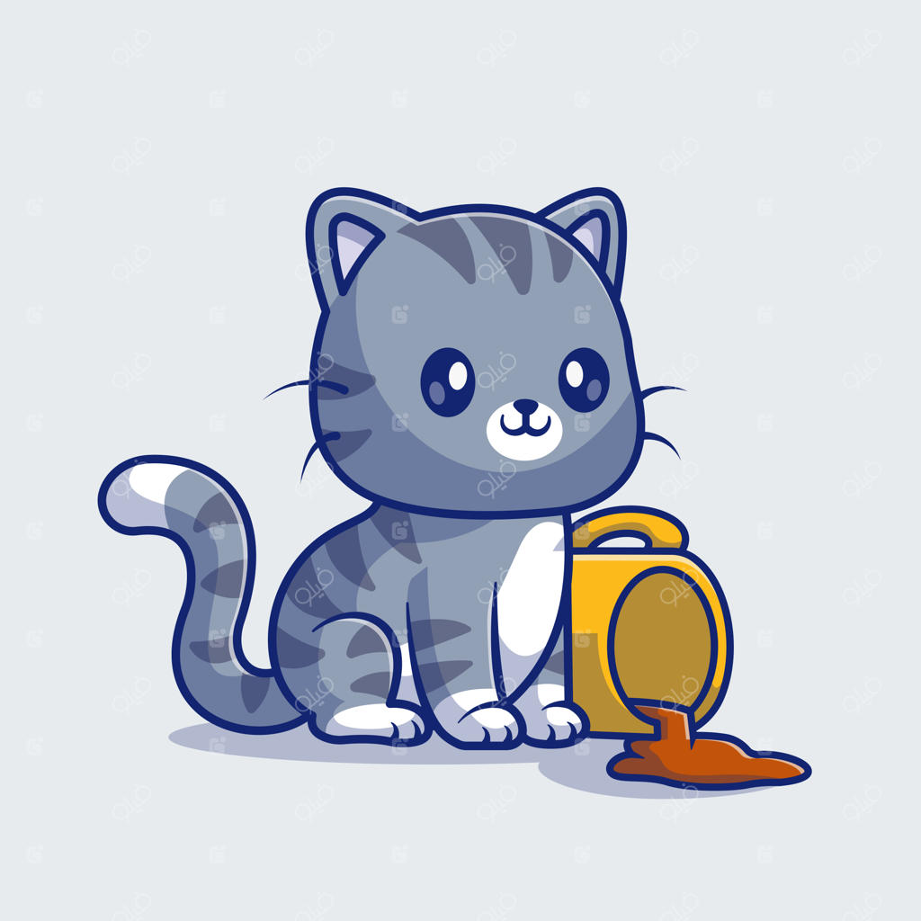 تصویر کارتونی گربه بامزه که فنجان قهوه را ریخته - آیکون وکتور حیوانات و نوشیدنی