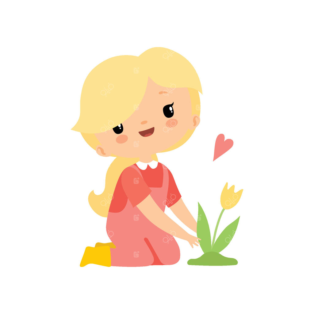 دختر جذاب با لباس کار و چکمه‌های پلاستیکی مشغول کاشت گل‌ها، شخصیت کارتونی دختر کشاورز در حال کار در باغچه