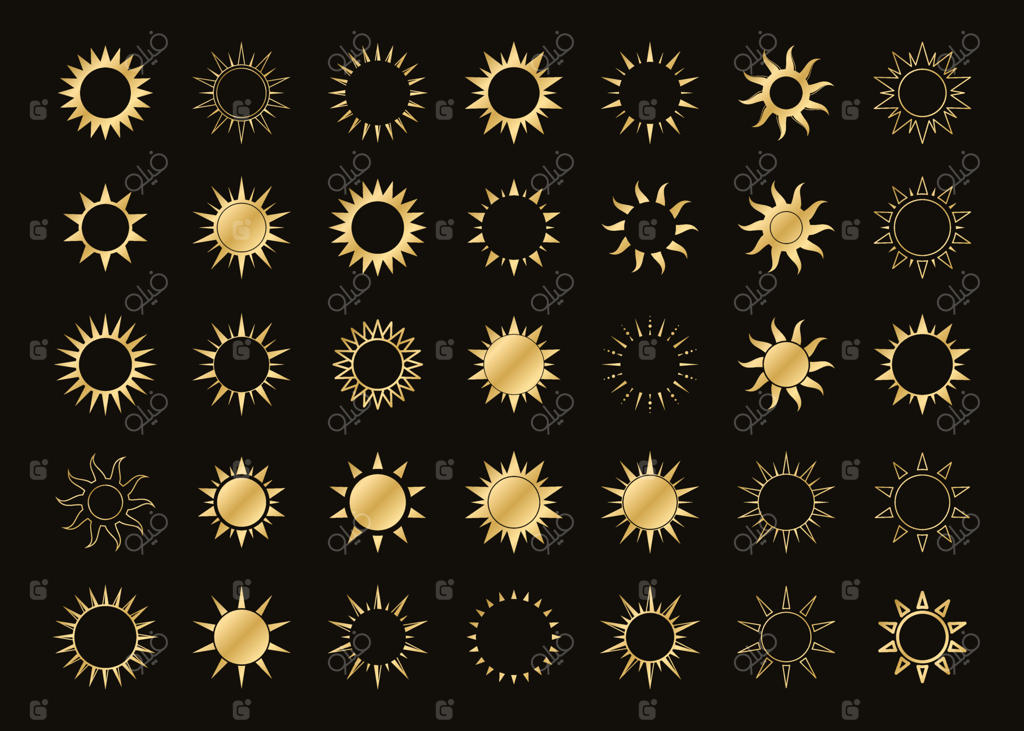 مجموعه لوگوهای نمادین خورشید بوهو طلایی. طراحی مدرن و ساده برای قالب‌ها، چاپ‌ها، وب و پست‌های شبکه‌های اجتماعی