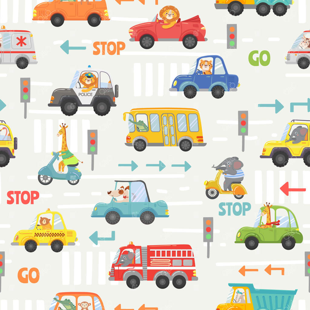 پترن یکپارچه از حیوانات در حمل و نقل. ماشین‌های کارتونی بچگانه، اتوبوس، پلیس و دوچرخه با رانندگانی حیوانی. بافت وکتوری با ترافیک جاده و علائم. شیر، فیل، زرافه و سگ سوار بر وسایل نقلیه