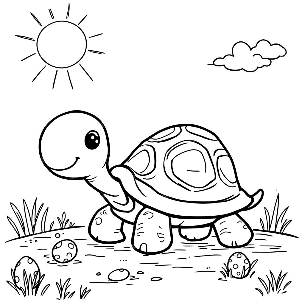 لاک‌پشت کارتونی بامزه در حال قدم زدن در آفتاب با تخم‌ها و چمن برای صفحه رنگ‌آمیزی خطی