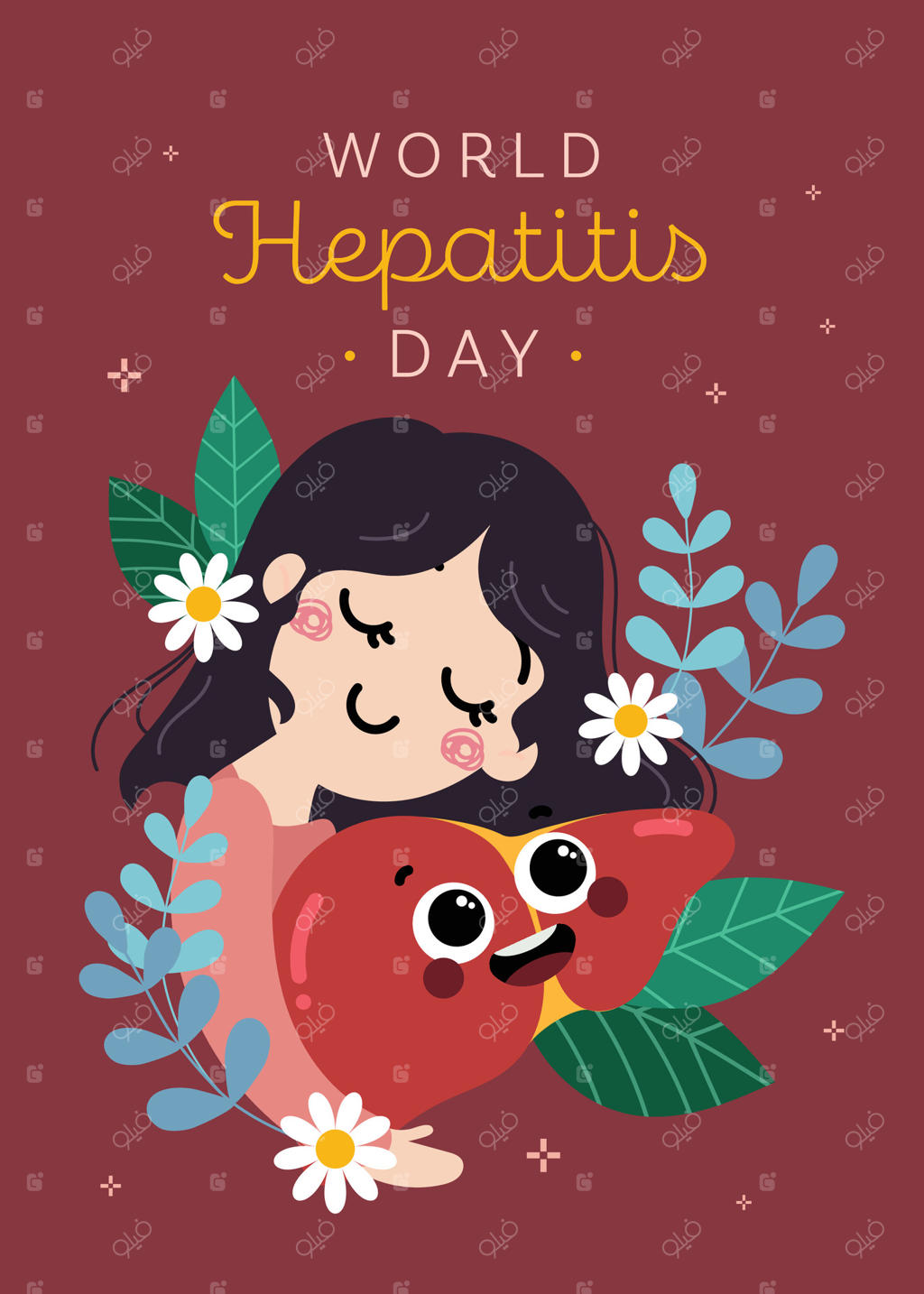 تصویر طراحی تخت از دخترکی که قلبی را در آغوش گرفته برای افزایش آگاهی درباره روز جهانی هپاتیت؛ ترویج سلامت، دلسوزی و مراقبت از طریق هنر ساده با تم پزشکی