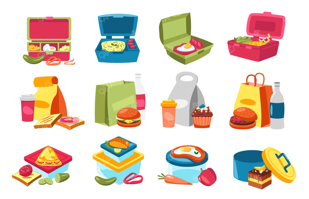 ظرف‌های ناهار با اسنک‌های خانگی از سبزیجات و میوه‌ها به سبک کارتونی – مجموعه‌ای رنگارنگ و سالم برای وعده غذایی بدون پسماند