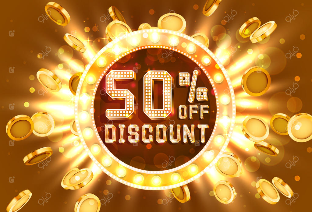 بنر متنی با فریم طلایی - 50 درصد تخفیف! انفجار طلا و پول. تصویر وکتور