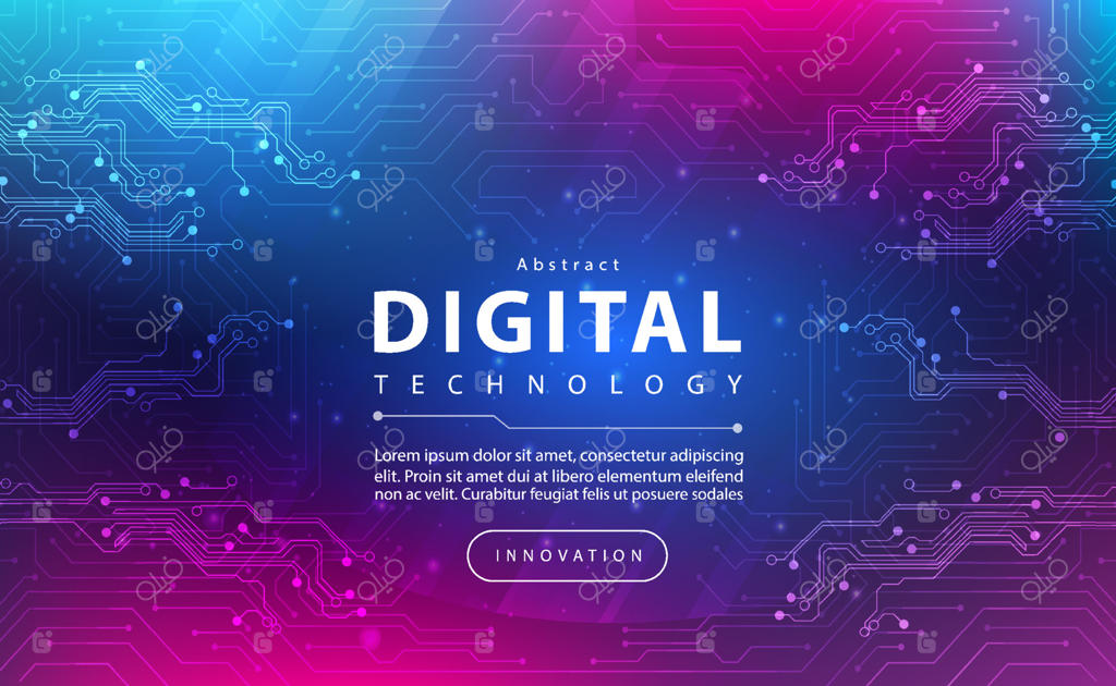 بنر مفهومی فناوری دیجیتال با پس‌زمینه صورتی و آبی و جلوه نوری؛ تکنولوژی انتزاعی، نوآوری، داده‌های آینده، شبکه اینترنت، هوش مصنوعی و کلان‌داده، اتصال خطوط و نقاط، وکتور