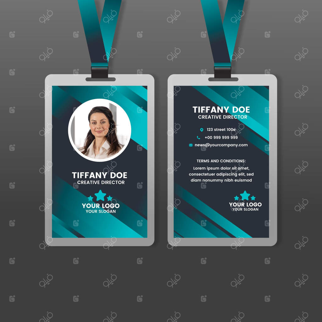 کارت شناسایی عمودی با عکس و طراحی انتزاعی در جلو و پشت