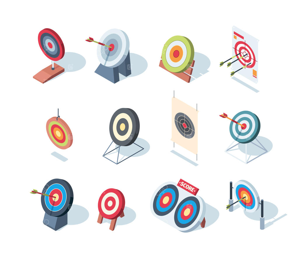 ترجمه‌ی موضوع: اهداف دایره‌ای تجارت عملکرد دارت‌بورد بازی‌ها دستیابی به اهداف موفق ورزشی تیراندازی و تیرها تصاویر ایزومتریک وکتور جذاب