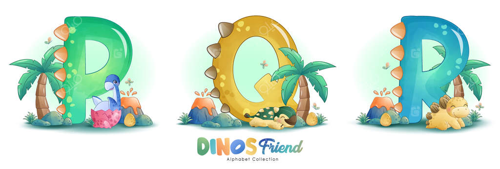 تصویر آبرنگی دوستان دایناسور بامزه به همراه حروف الفبا