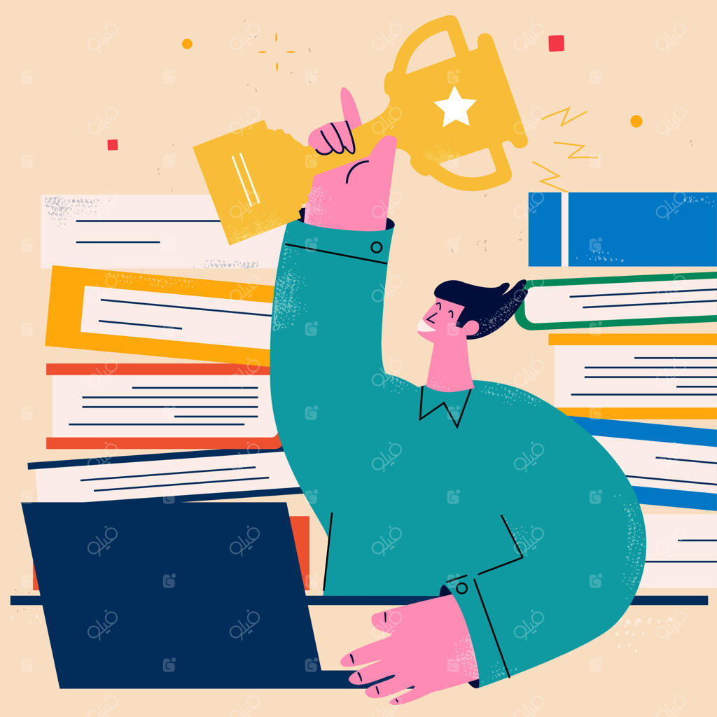 تاجر در حال کار روی لپ‌تاپ و پروژه برنده جایزه به صورت فریلنسری