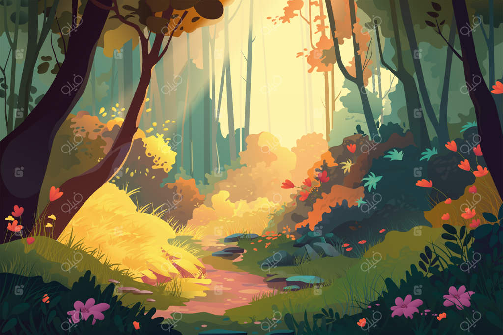 پس‌زمینه جنگل: تصویر کارتونی جذاب از یک صحنه جنگلی جادویی