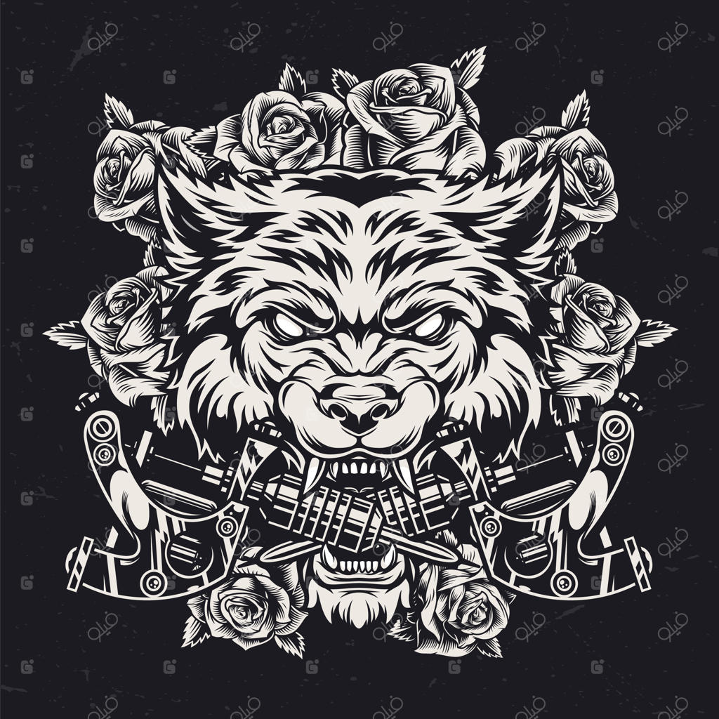 پترن سیاه و سفید سر گرگ خشمگین و ترسناک