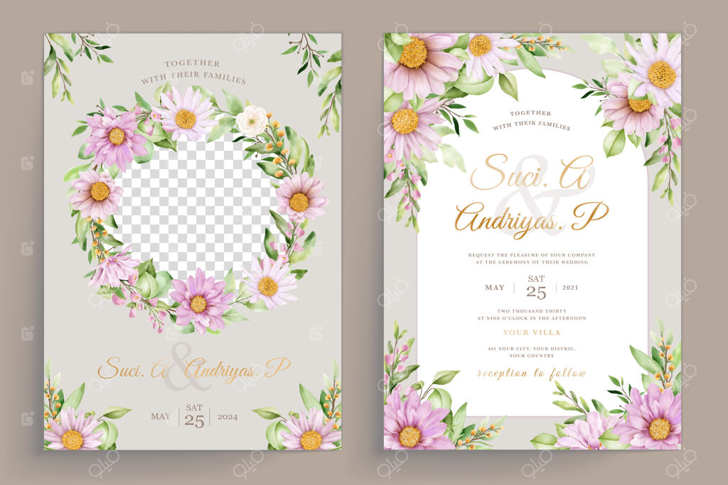 ست کارت دعوت عروسی با طرح گل داوودی آبرنگی