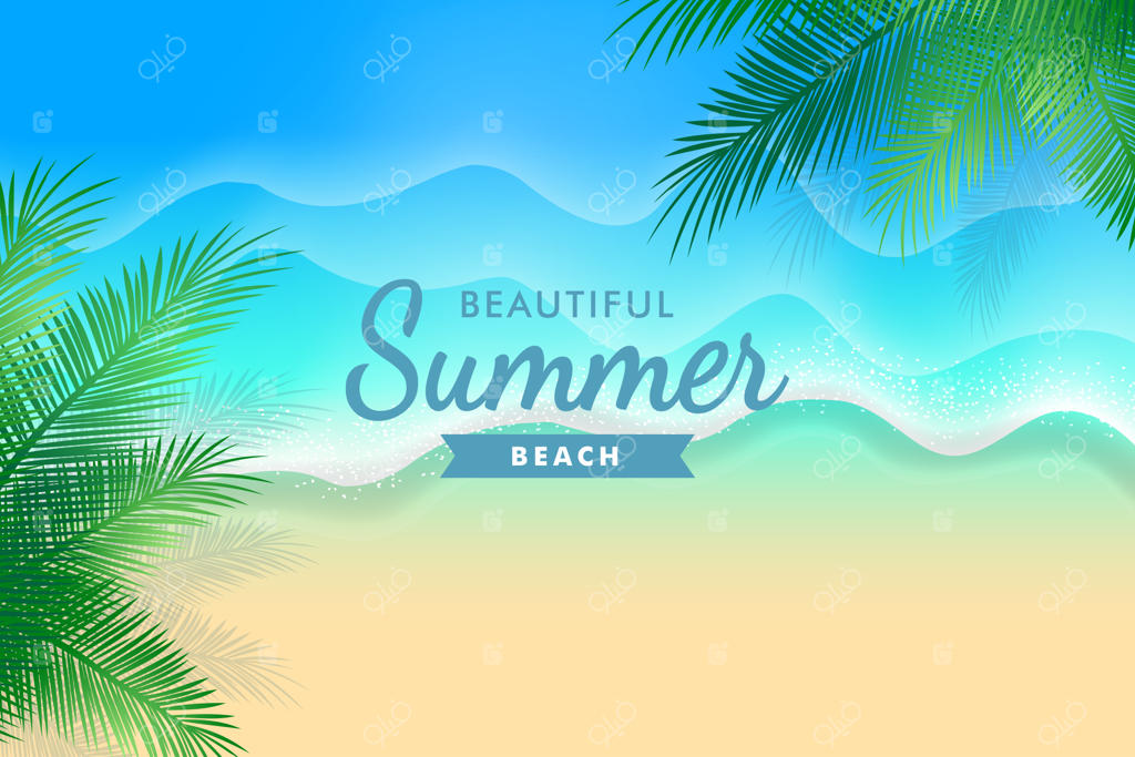 پس‌زمینه ساحل شنی تابستانی با برگ‌های نخل