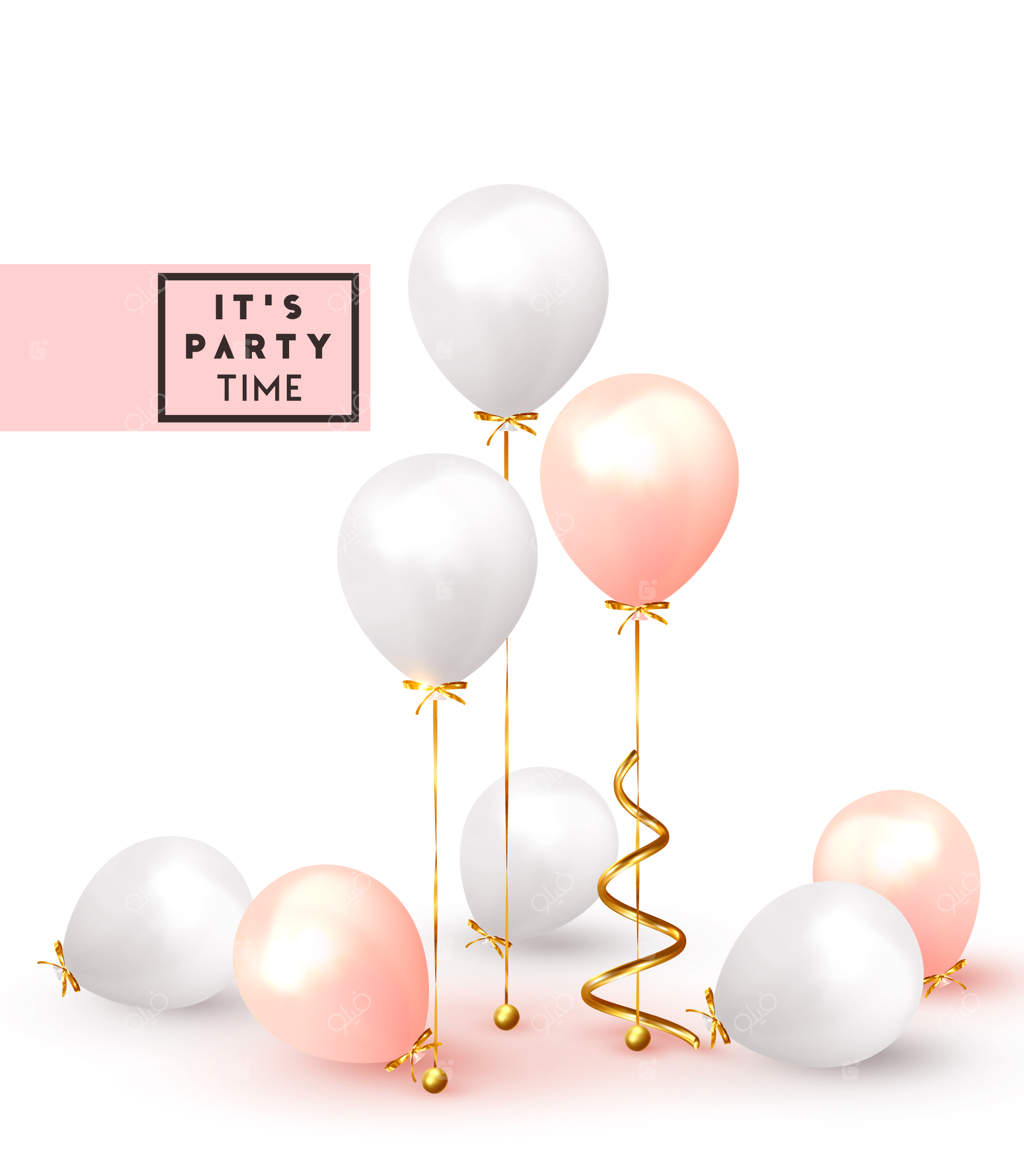 پس‌زمینه جشن با بادکنک‌های هلیومی: تولد، پوستر مناسبتی، بنر سالگرد مبارک. طراحی دکوراتیو سه‌بعدی واقع‌گرا با عناصر تزئینی به رنگ صورتی ملایم و سفید. تصویرسازی وکتوری