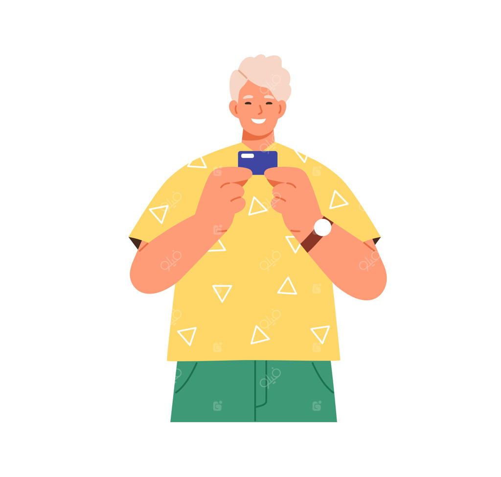 مرد جوان و خوشحال با کارت اعتباری یا نقدی جدید در دست. پرتره مشتری خوشحال بانک. فرد مدرن با امور مالی بدون پول نقد. تصویر برداری تخت روی پس‌زمینه سفید.