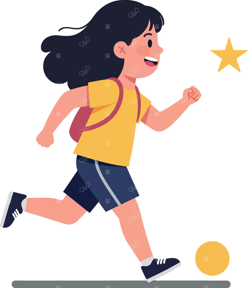 تصویرسازی فلت و بازیگوشانه از دختری شاد با کوله‌پشتی در حال دویدن به دنبال توپ زرد