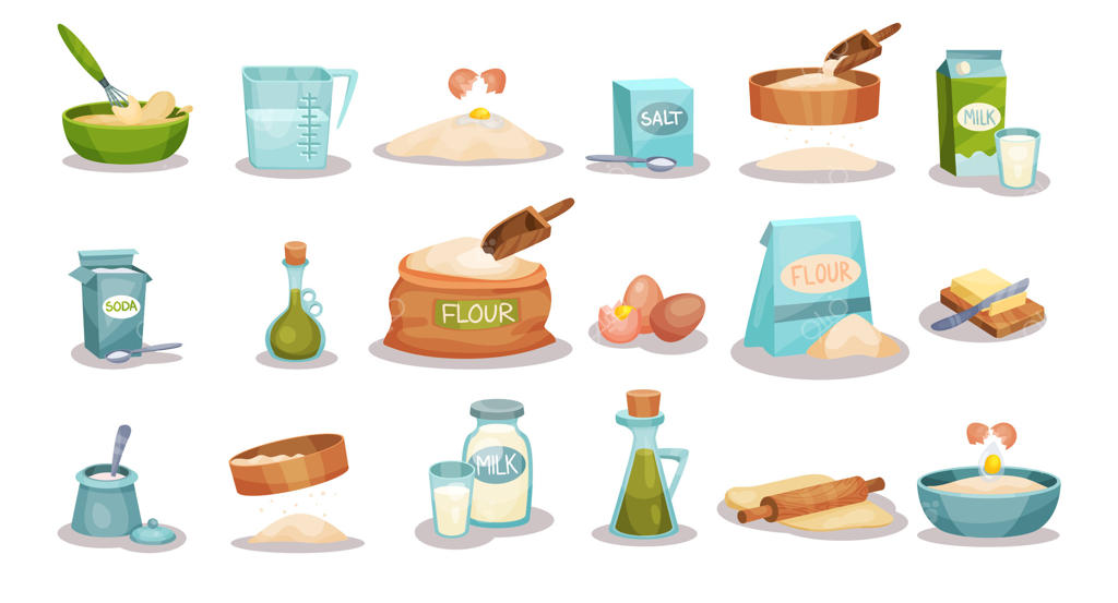مواد لازم برای پخت: آرد، تخم‌مرغ، شیر، نمک، سودا، کره و روغن