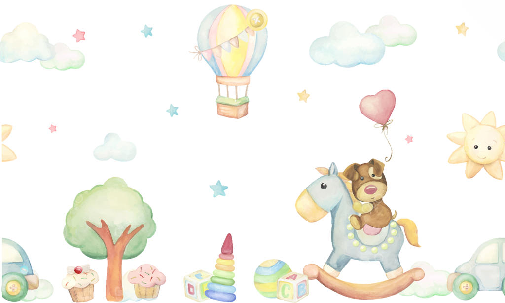 الگوی یکپارچه با الاغ، زرافه، موش، ماشین، بادکنک، قطار، خورشید، ابرها و آبرنگ