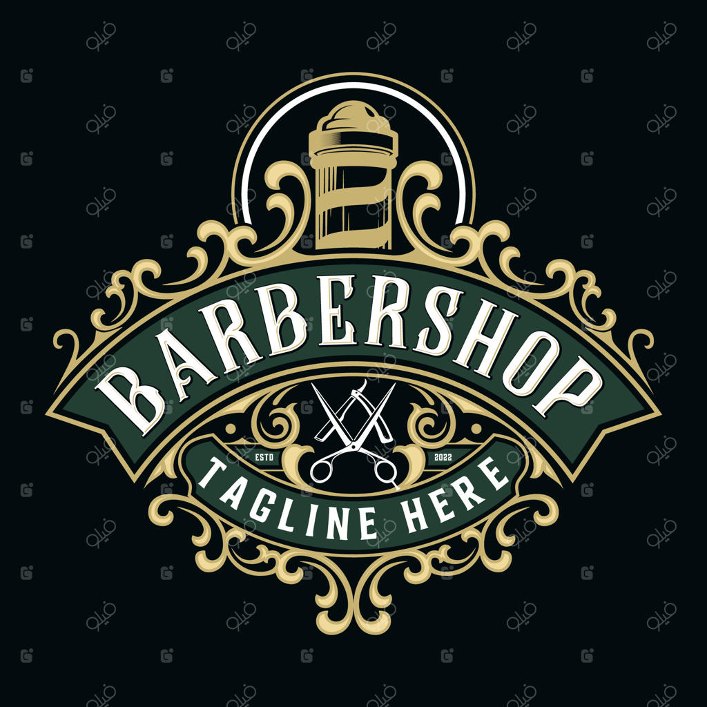 لوگوی آرایشگر: قیچی، تیغ و میله‌های آرایشگری با تزئینات، طراحی‌های آرایشگاه و سالن