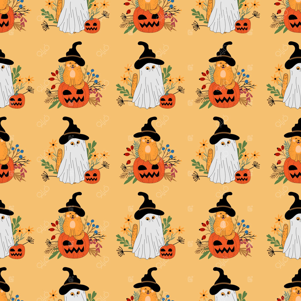 الگوی یکپارچه با گربه‌ها، کدو تنبل، هالووین، گل‌ها، گربه، پاییز و برگ‌ها.