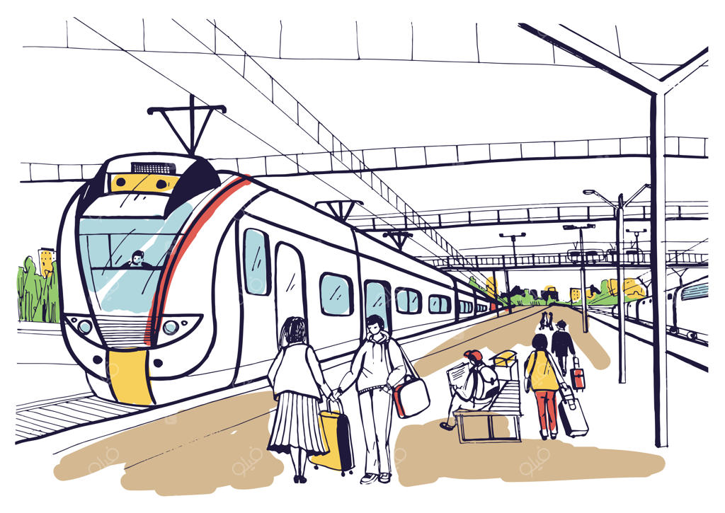 طرح افقی رنگارنگ با افرادی که منتظر رسیدن قطار برقی حومه هستند. نقاشی دستی.