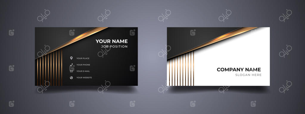 کارت ویزیت قدرتمند با طراحی حرفه‌ای خطوط طلایی. پس‌زمینه سیاه و سفید با طراحی دو رو. قالب آماده چاپ وکتور.