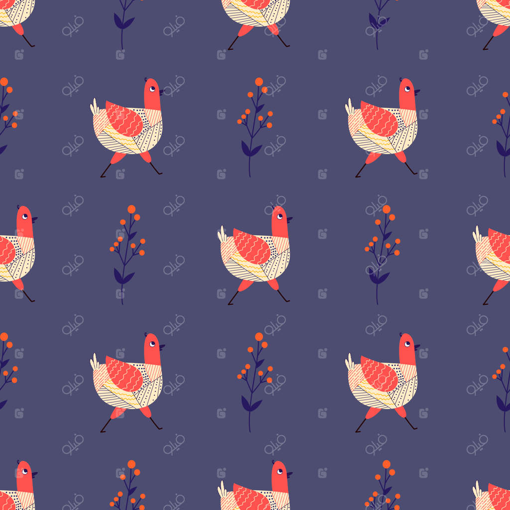 الگوی بدون درز وکتور در سبک فولک با پرندگان و گرافیک وکتور فولکلور با توت‌های رنگارنگ