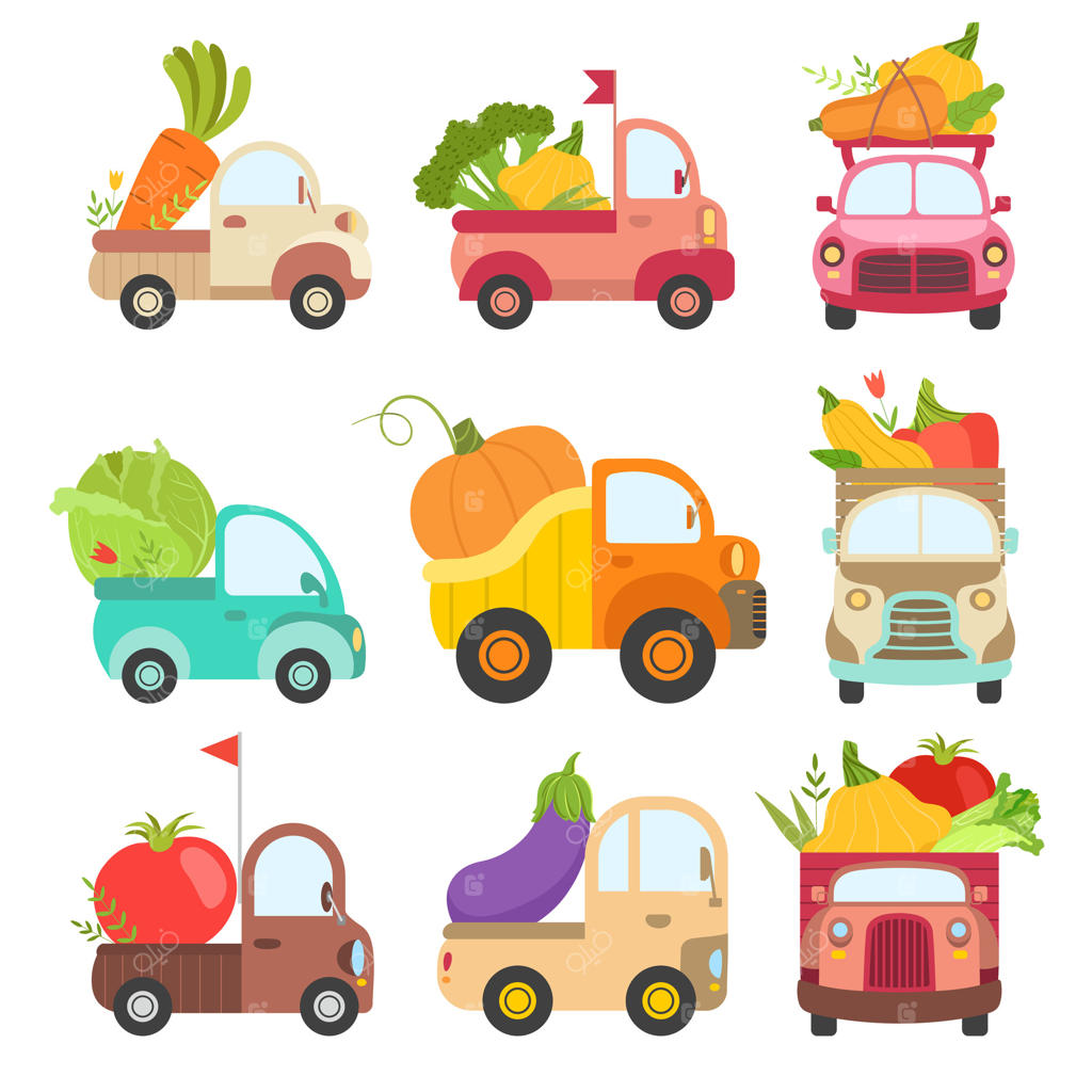 کامیون‌های بامزه با سبزیجات تازه غول‌پیکر، نقاشی کامیون‌های رنگارنگ در حال تحویل محصولات مزرعه و باغ رسیده