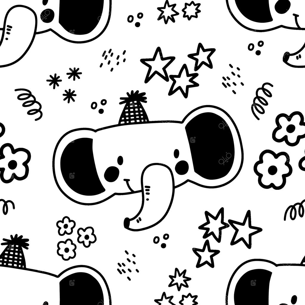 پترن بدون درز فیل و تولد حیوانات؛ طرح دودل سیاه و سفید سر حیوانات با کلاه جشن، کاغذ رنگی، ستاره و گل؛ پس‌زمینه کودکانه طراحی شده با دست