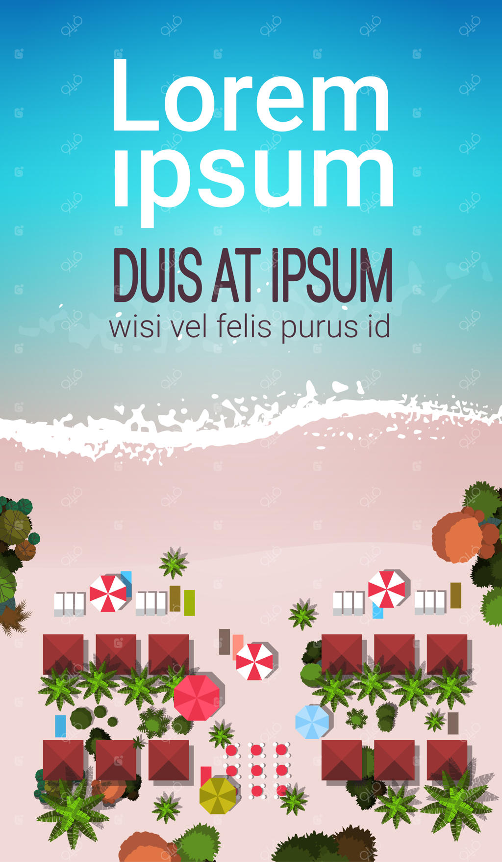 تعطیلات ساحلی تابستانی - نمای بالا از شن و ماسه و چترهای رنگارنگ در ساحل گرمسیری