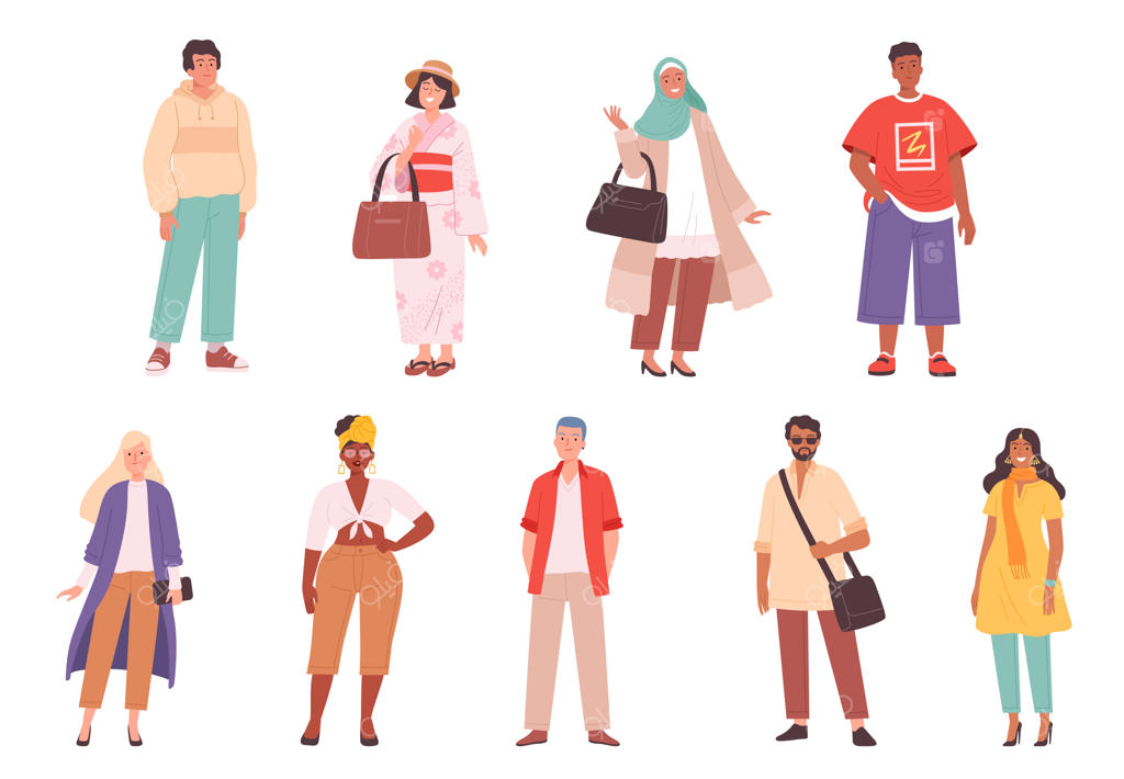 شخصیت‌های چندنژادی با لباس‌های متنوع به سبک روزمره مانند شلوار، کاپشن، کلاه و پیراهن در حالت‌های مختلف امروزی به تصویر کشیده شده‌اند.