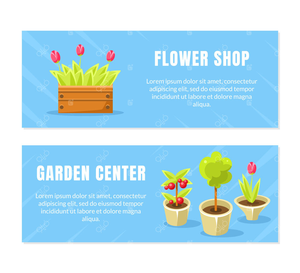مجموعه قالب بنرهای افقی برای گل‌فروشی و مرکز باغ، بروشور، پوستر، جزوه، تراکت یا کارت ویزیت