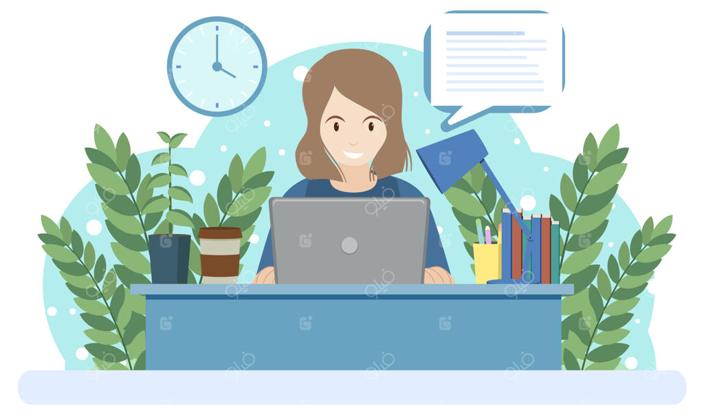 زن در حال کار با کامپیوتر پشت میز