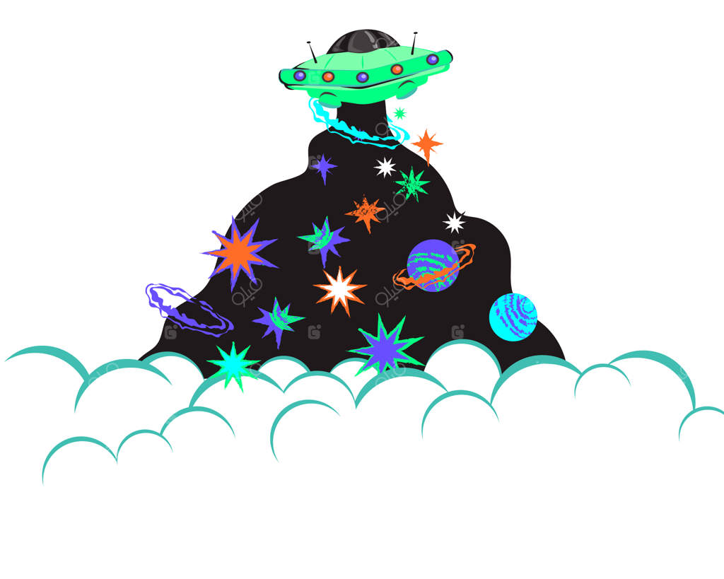 طرح فانتزی پس‌زمینه فضایی رنگارنگ با بشقاب‌پرنده و ستاره‌ها و موجودات فضایی