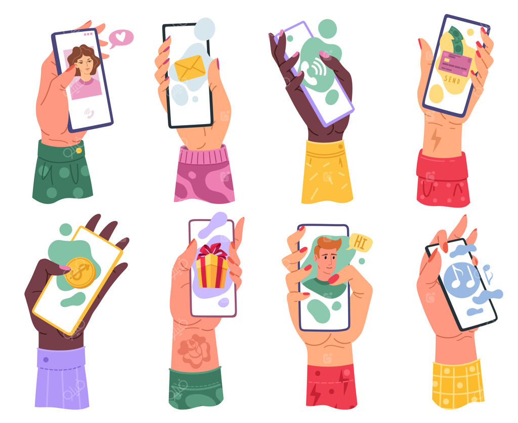 دست‌ها با گوشی: زن هزاره‌ای با گوشی‌های هوشمند - اپلیکیشن‌های ایمیل، پخش موسیقی، دوست‌یابی آنلاین و بانکداری موبایل - مجموعه‌ای از دستگاه‌های مدرن به‌صورت کارتونی و رنگارنگ