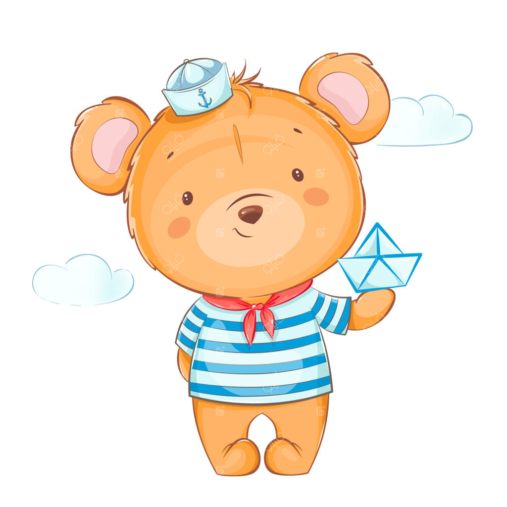 خرس با لباس ملوانی و قایق کاغذی در دست