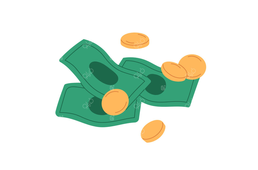 آیکون پول نقد، سکه‌های طلا و اسکناس‌های سبز؛ مفهوم سواد مالی، پس‌انداز و حساب بانکی، وکتور فلت و ایزوله در پس‌زمینه سفید