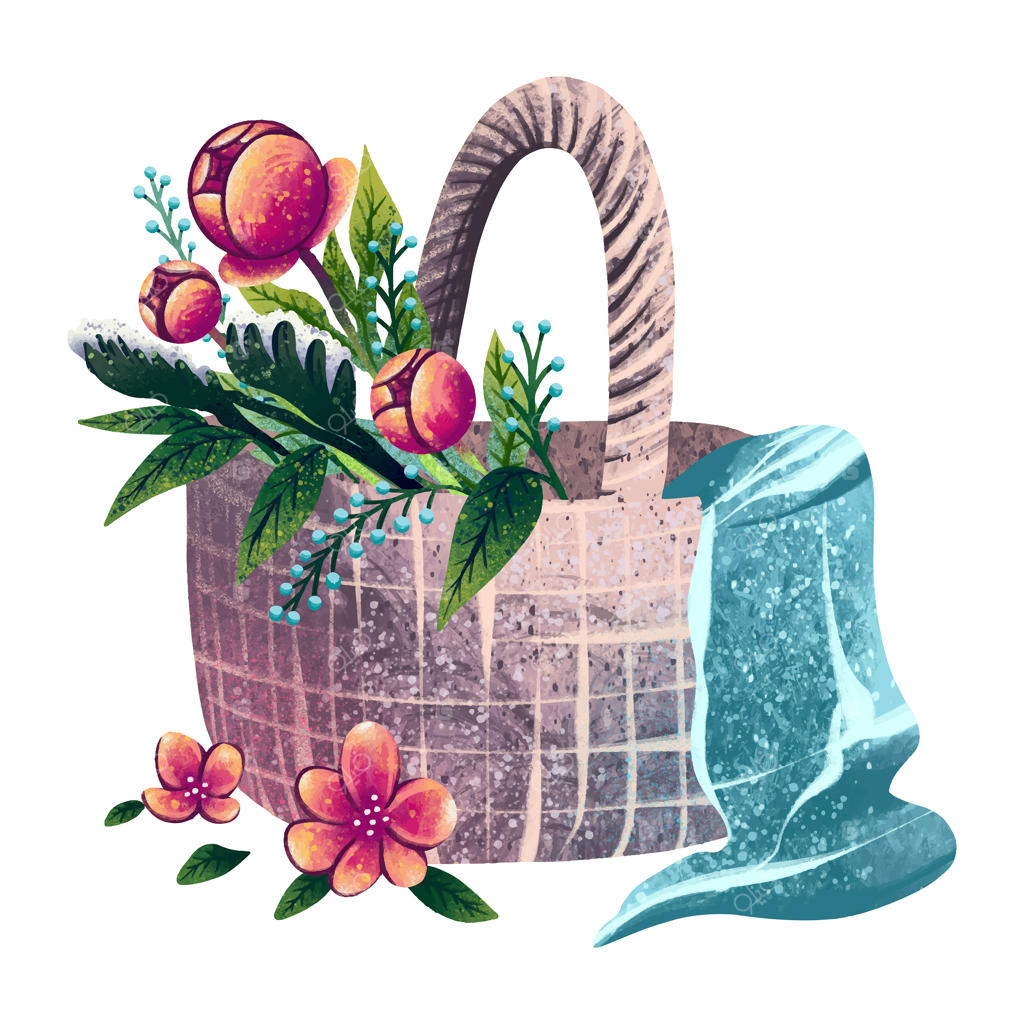 طراحی سبد حصیری دیجیتال با گل‌ها و گل‌برگ‌های ساخته شده دستی