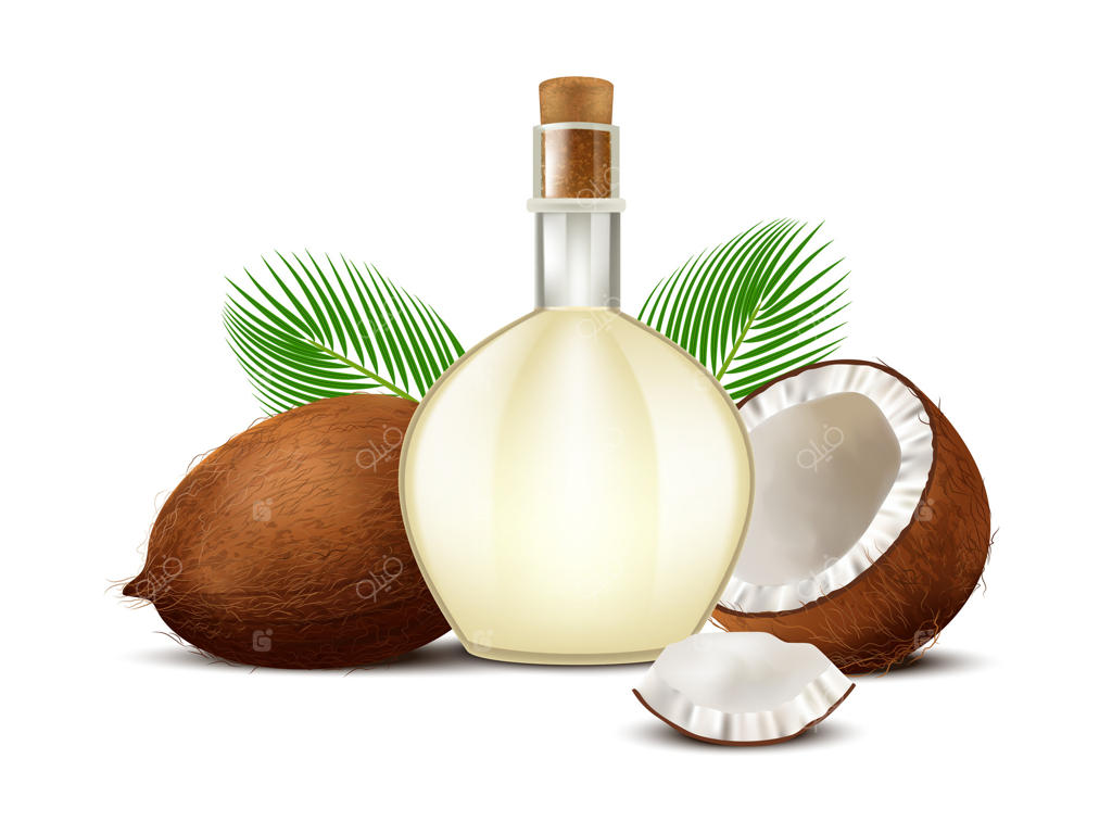 تصویرسازی روغن نارگیل: ترکیبی واقعی از بطری روغن با نارگیل نیمه، تکه، برگ‌های درخت نخل. محصول طبیعی ارگانیک برای غذا و مراقبت از مو و پوست.