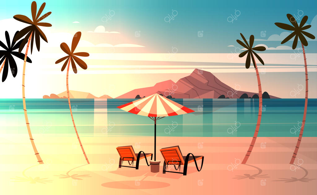 صندلی‌های تاشو در ساحل استوایی هنگام غروب - چشم‌انداز بهشتی تابستانی