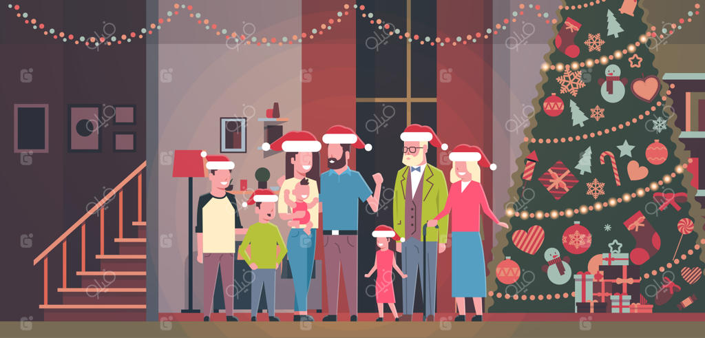 خانواده چند نسلی کنار درخت کاج تزئین‌شده در خانه: سال نو مبارک و کریسمس مبارک، طرح افقی