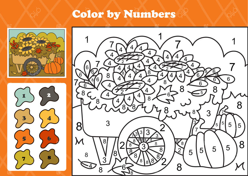 بازی رنگ‌آمیزی پاییزی با گل‌های آفتابگردان، کدو تنبل و گاری چوبی در یک منظره باغ قابل چاپ